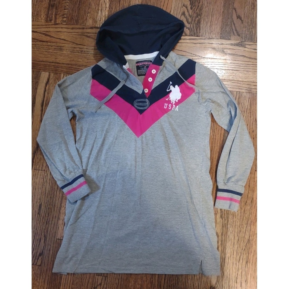 US Polo Assn Womens XL Gray Pink Navy Hoodie Tunic Long Sleeve Shirt 211398 ZK